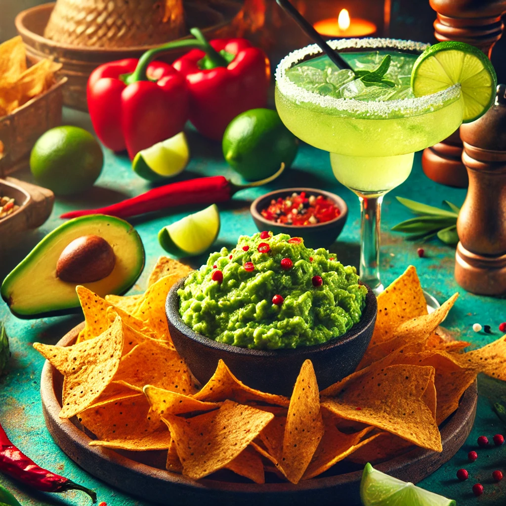 DALL·E 2024-12-13 23.23.53 - A vibrant image of a plate of spicy guacamole and crispy tortilla chips served with a glass of margarita garnished with lime. The scene is colorful, f